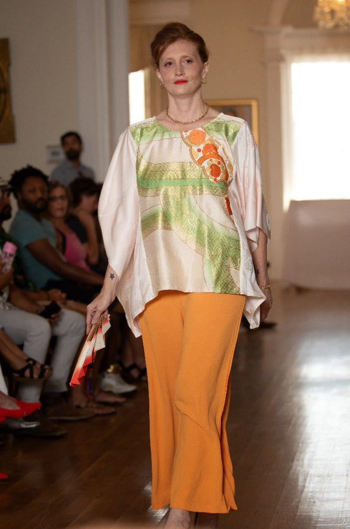 white caftan silk top with hand painted gold, green and orange details