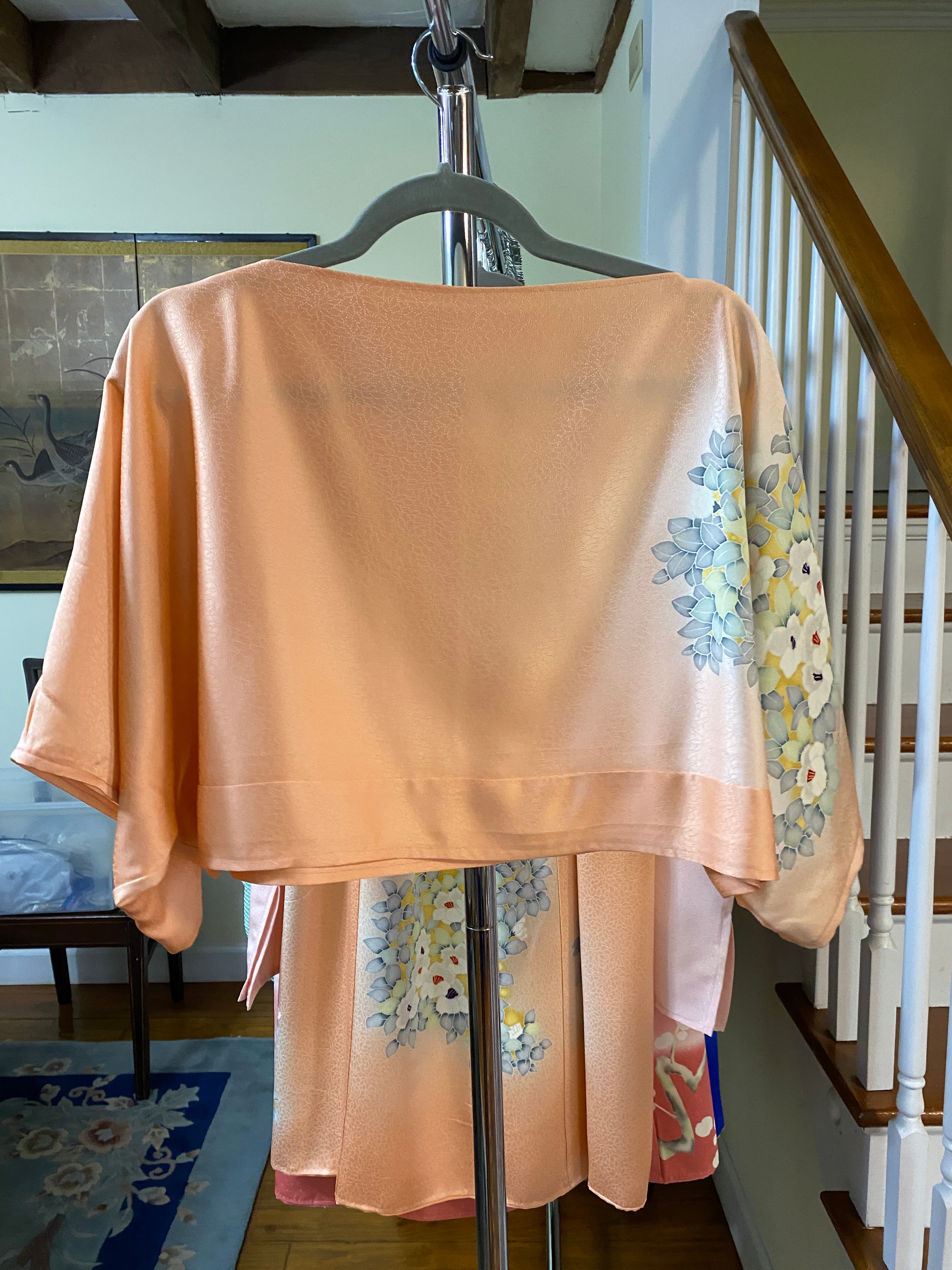 Peach Kiku Refashion jacket, one of a kind, made from vintage kimono silk, wearable art, universal sizing