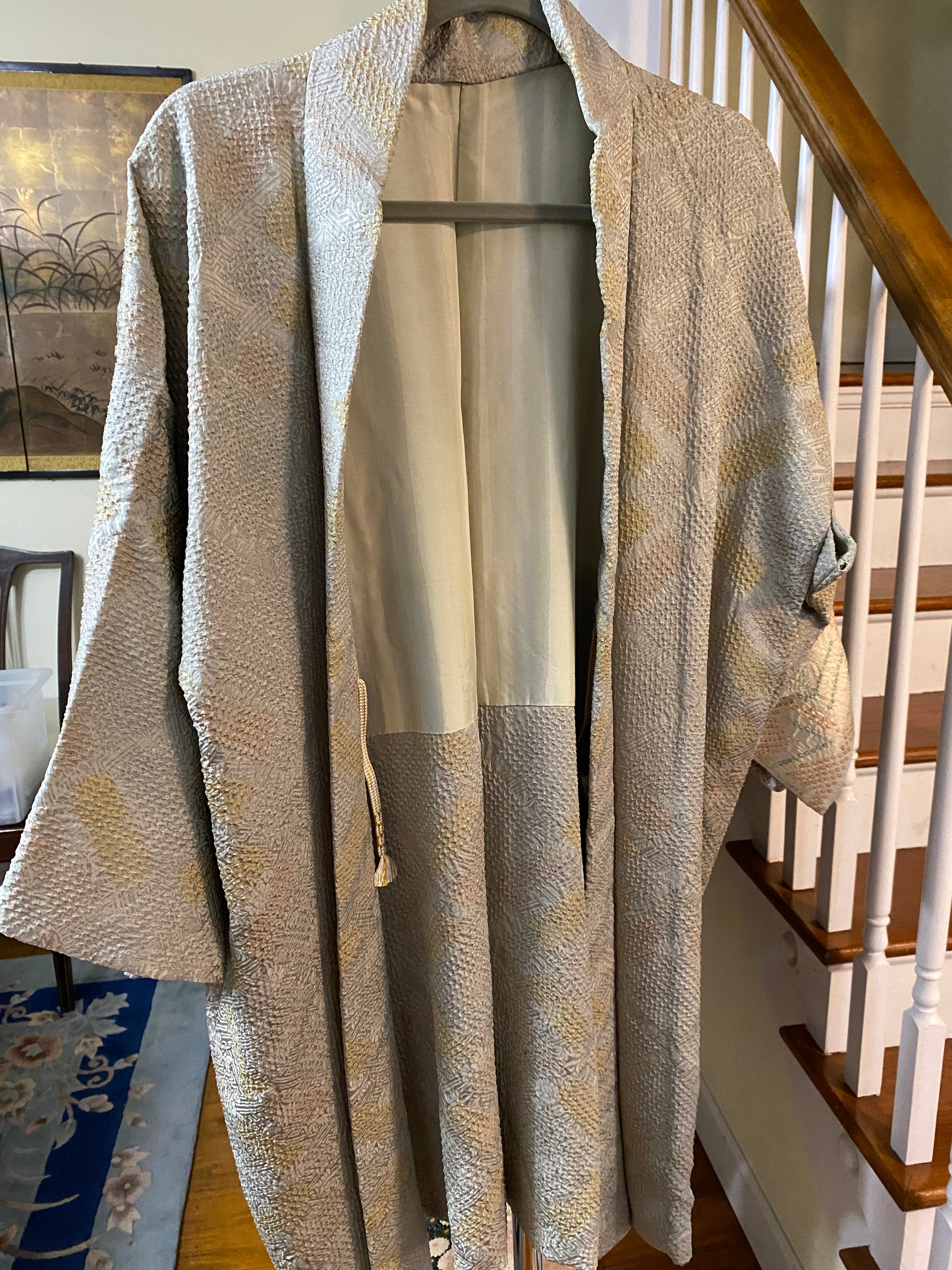 Gray silk kimono jacket with shibori design