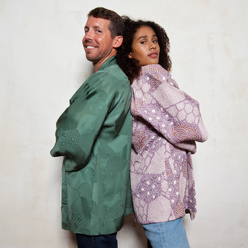 Luxury upcycled fashion brand offering unique Japanese wearable art ethically handcrafted in USA. One of kind, one size fits all, unisex silk jackets, robes and scarves. Timeless eco-friendly fashion for the planet.