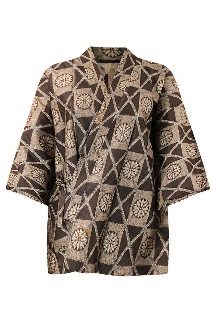 ikat weave brown silk kimono jacket with front ties 