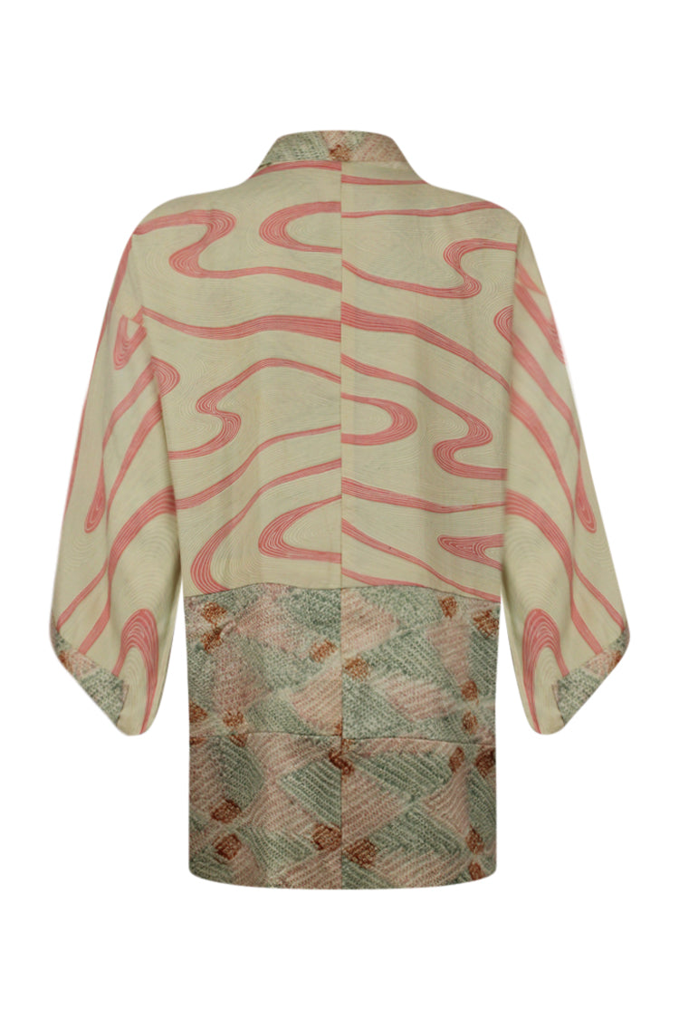 Pale pink and green tied vintage silk kimono jacket with refashioned sleeves