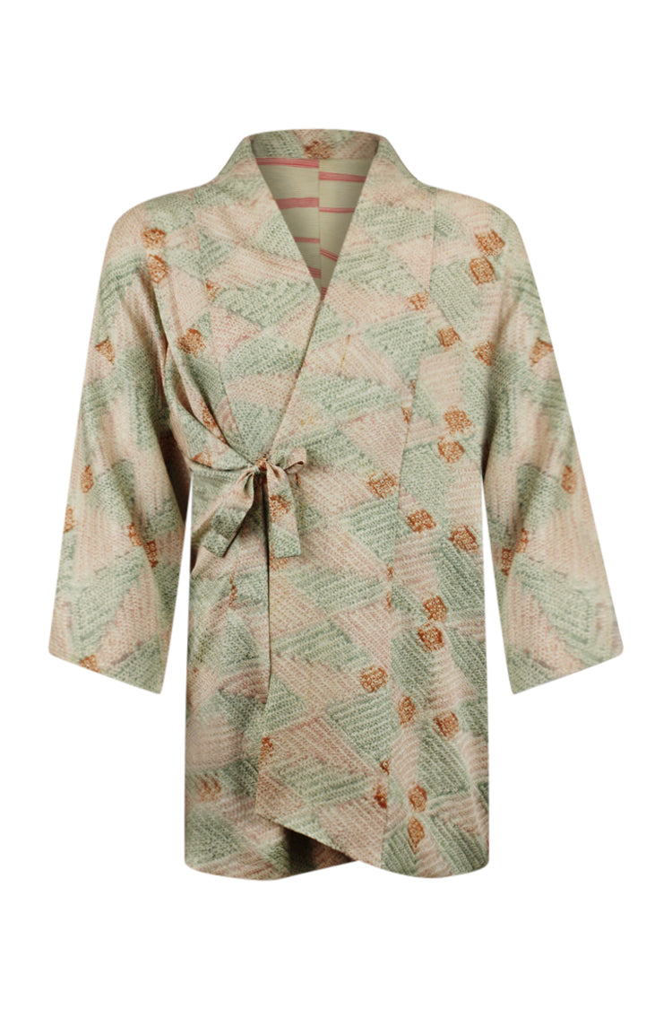 Pale pink and green tied vintage silk kimono jacket with refashioned sleeves