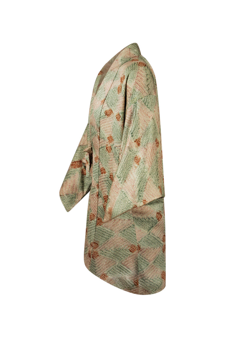 side view of pink and green kimono jacket with modernized sleeves