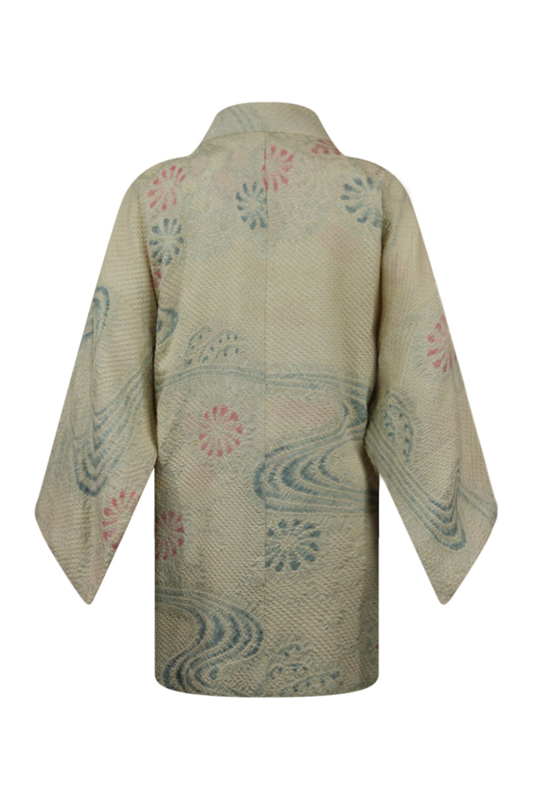 white kimono jacket with blue swirls and pink flowers refashioned with narrow sleeves