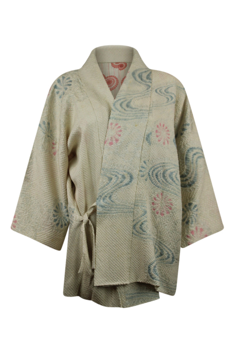 silk upcycled vintage kimono jacket with ties in white silk with blue swirls