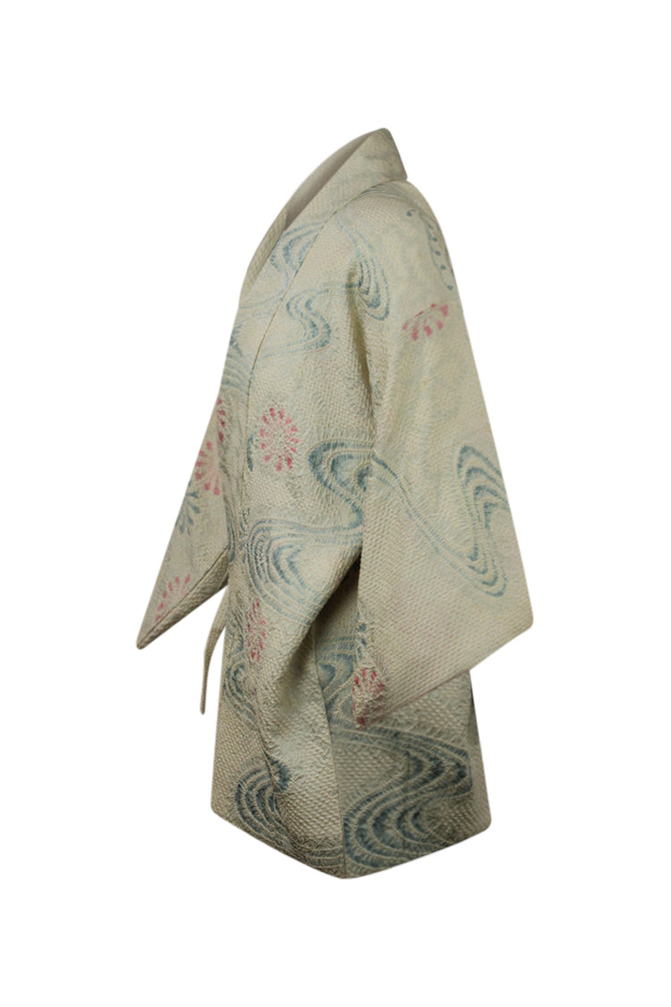 side view of white vintage silk kimono jacket with refashioned sleeves