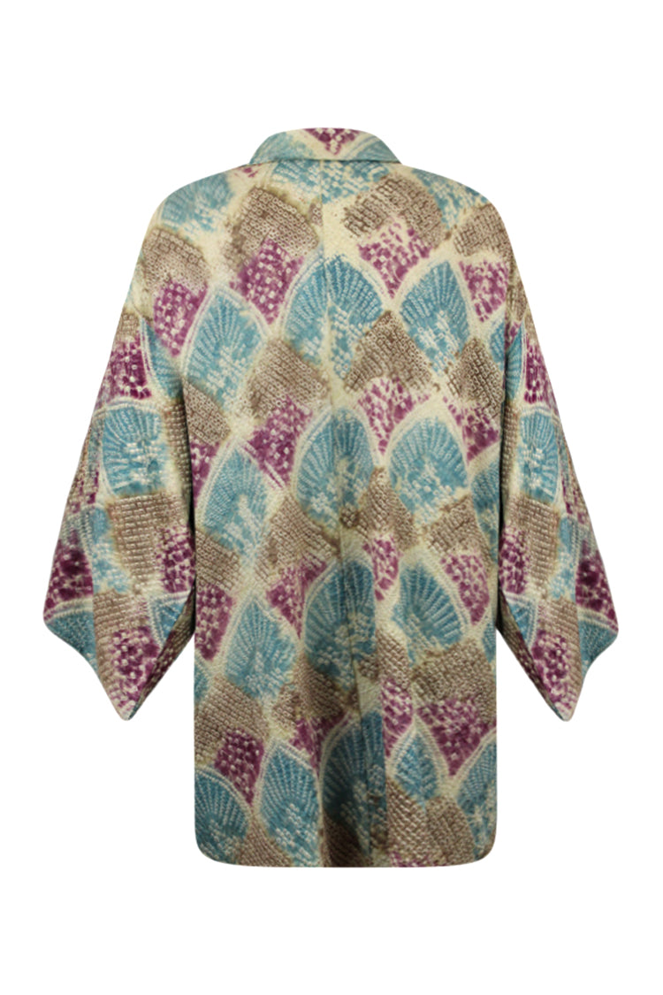 back view of upcycled silk vintage kimono jacket in blue purple and beige