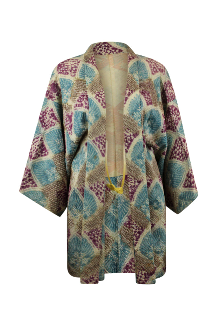 front view of turquoise, purple and beige vintage silk kimono jacket
