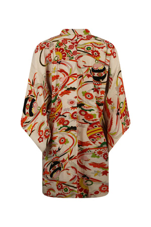 back of vintage kimono jacket with red and white design and modernized sleeves