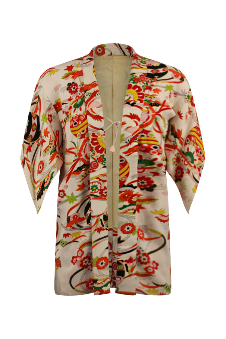 Red and white silk kimono jacket with traditional design – Kiku