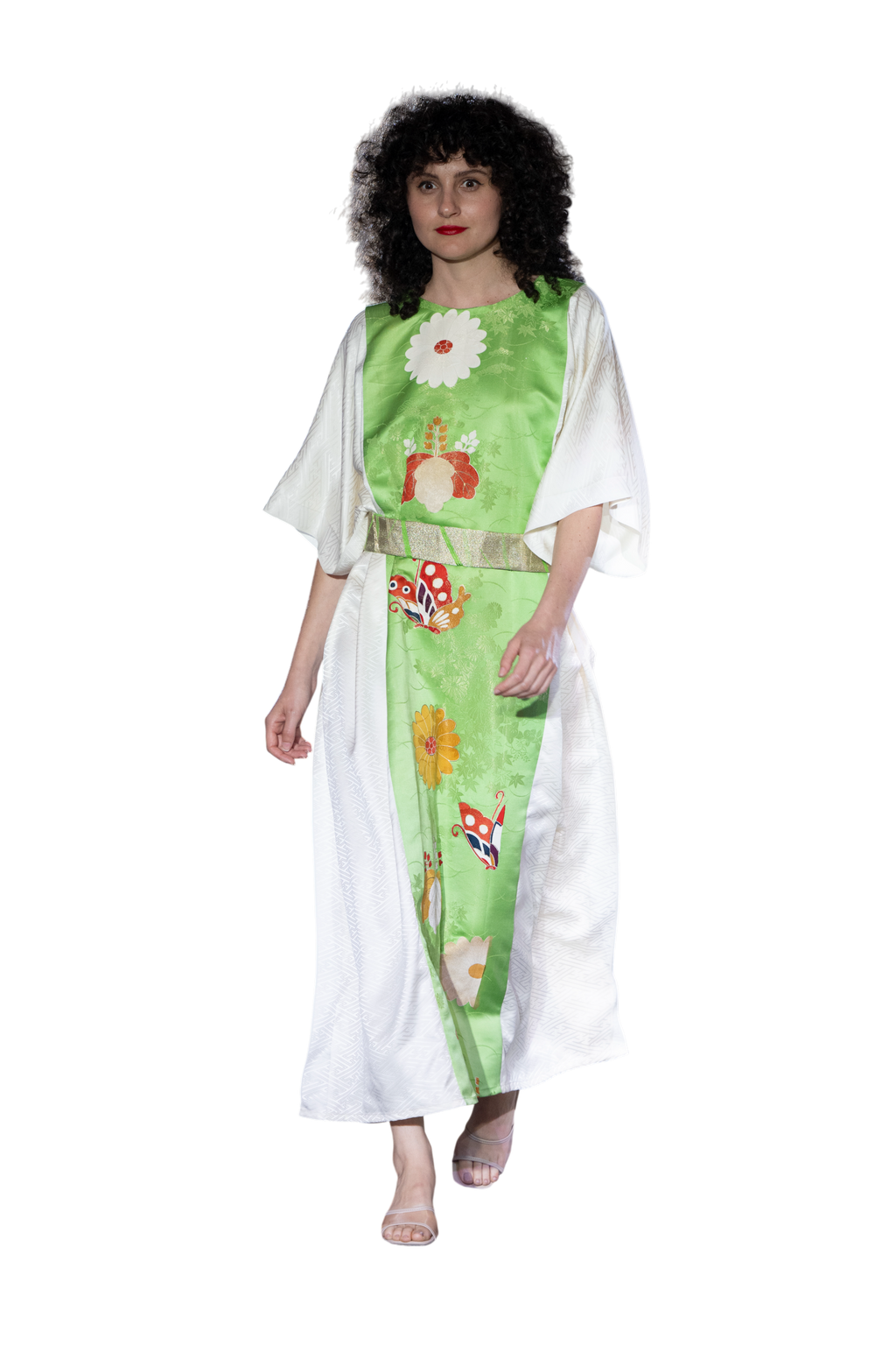 Green and white kimono caftan with butterflies