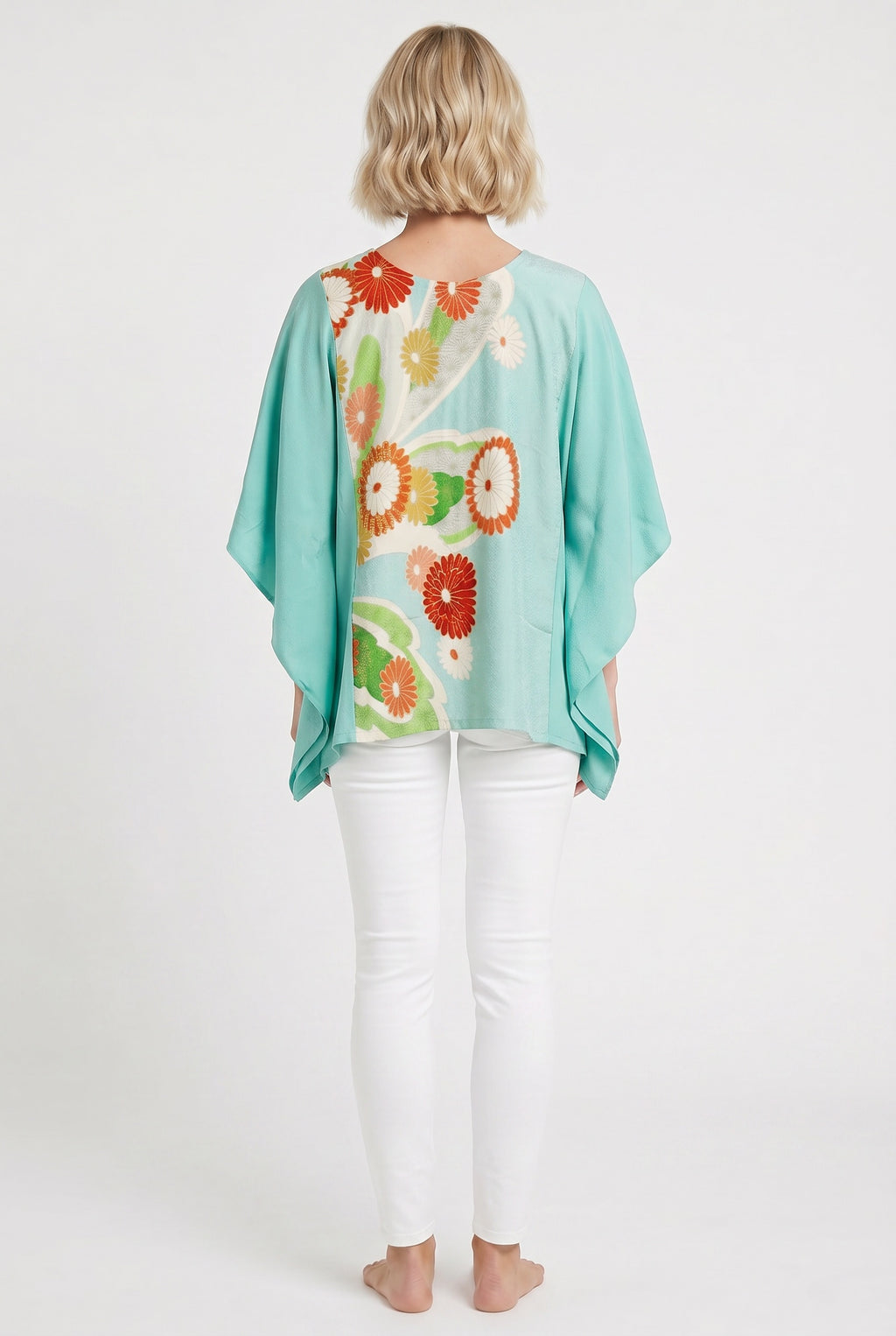 Turquoise blue silk caftan top with orange flowers