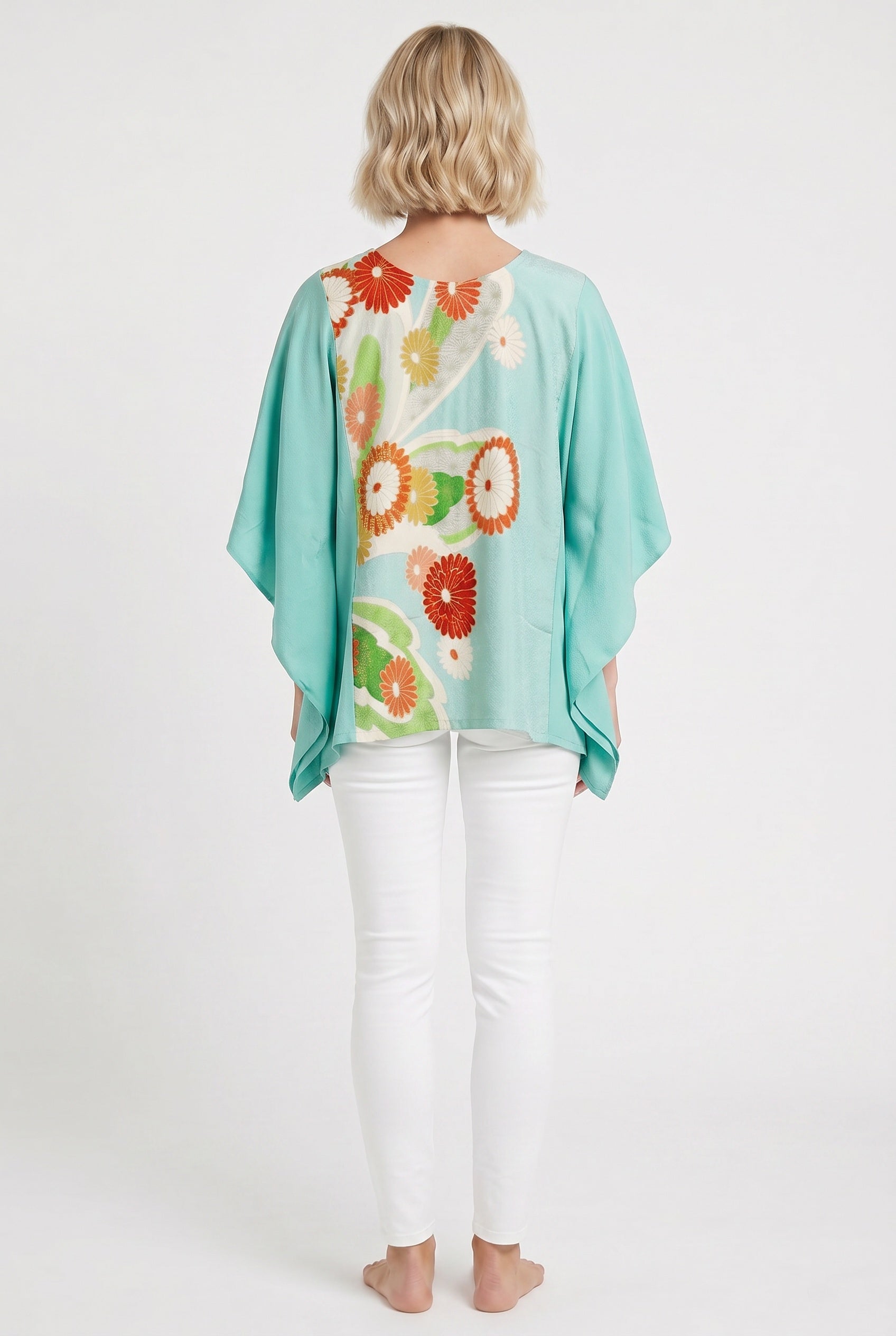 Turquoise blue silk caftan top with orange flowers