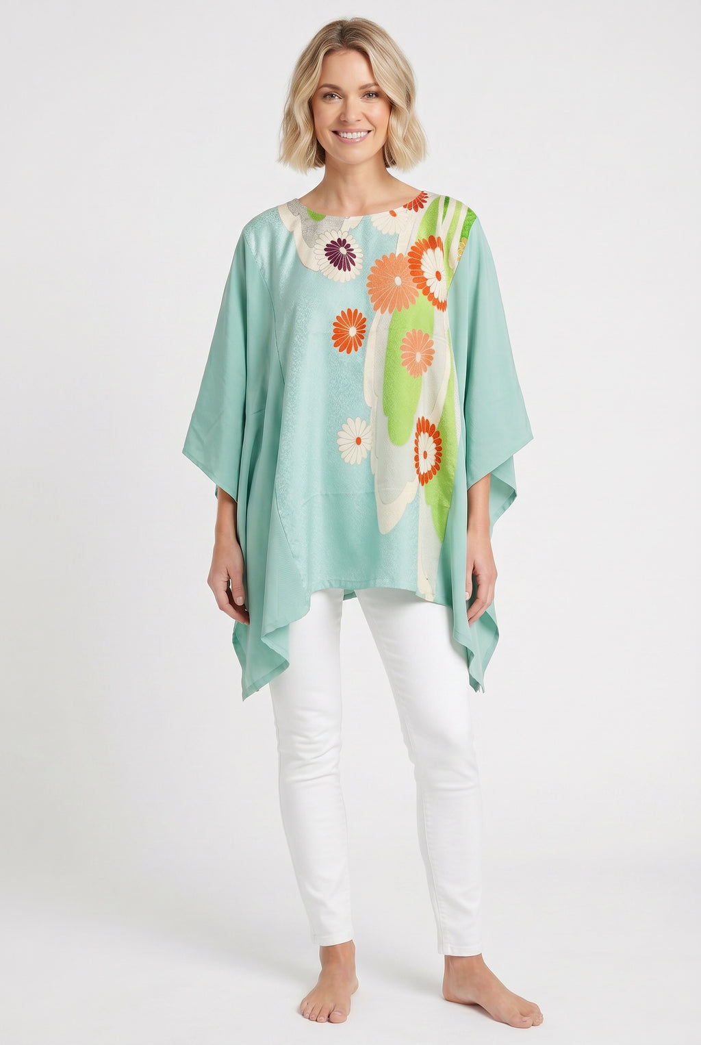 Turquoise blue silk caftan top with orange flowers