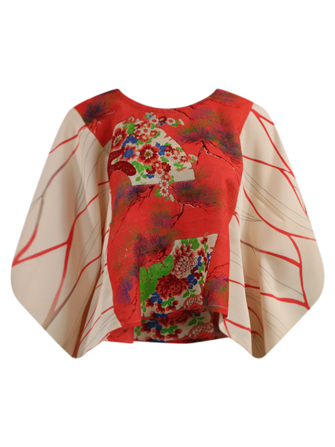 Coral and white silk caftan top