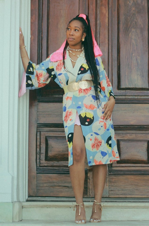 Kiku Refashion one of a kind wearable art robe in blue, pink, and floral print, made from vintage kimono silk, gender neutral