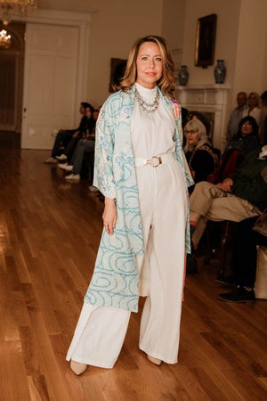 runway model in vintage blue floral kimono refashioned for western wear