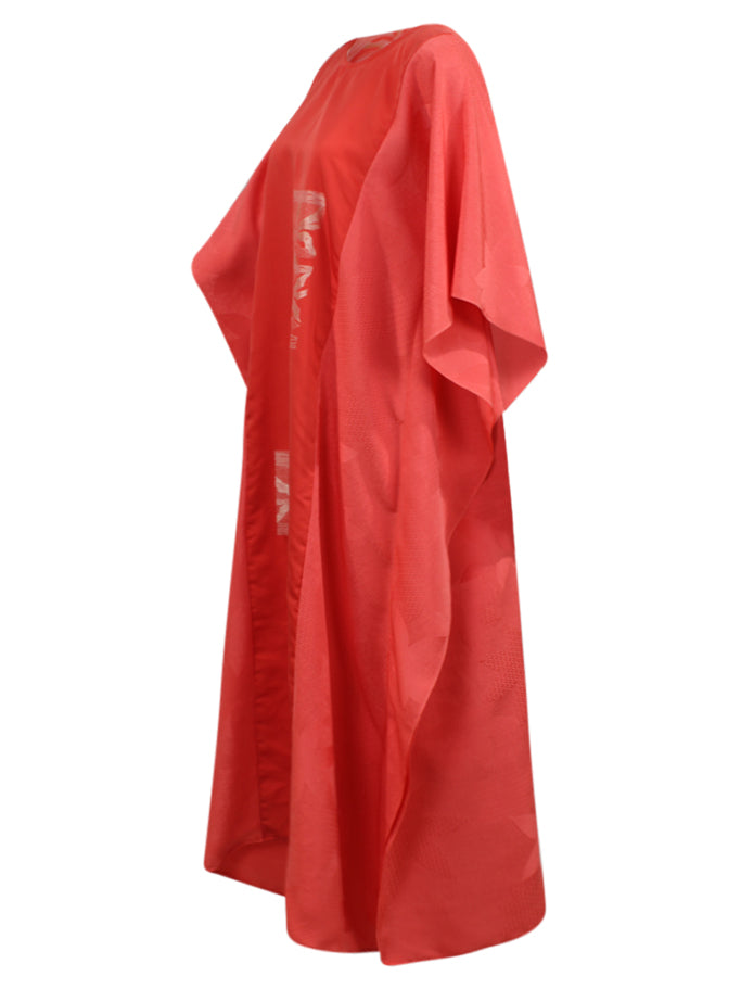 Coral silk caftan dress with woven silver design