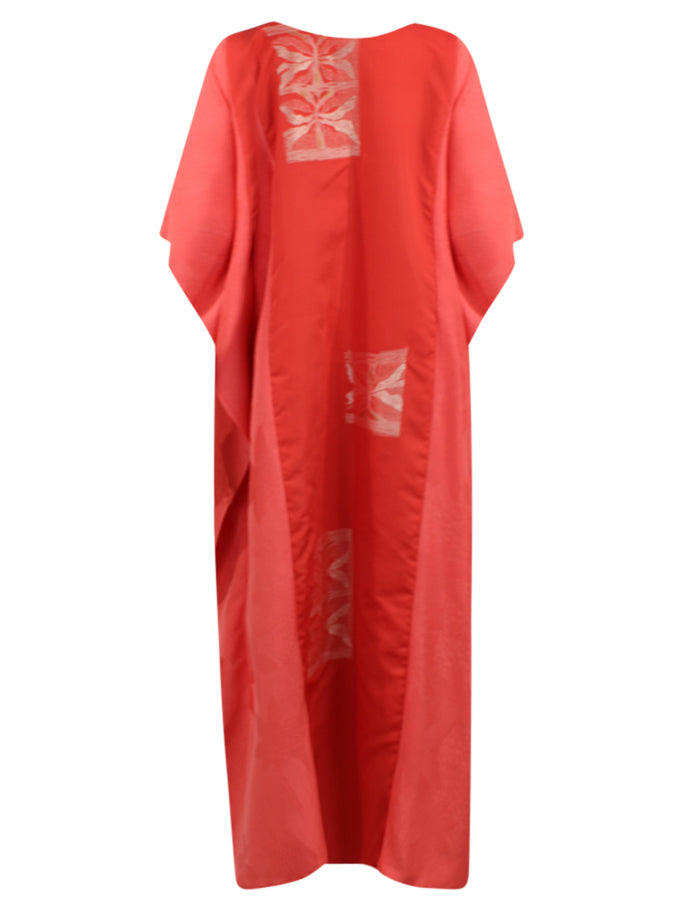 Coral silk caftan dress with woven silver design