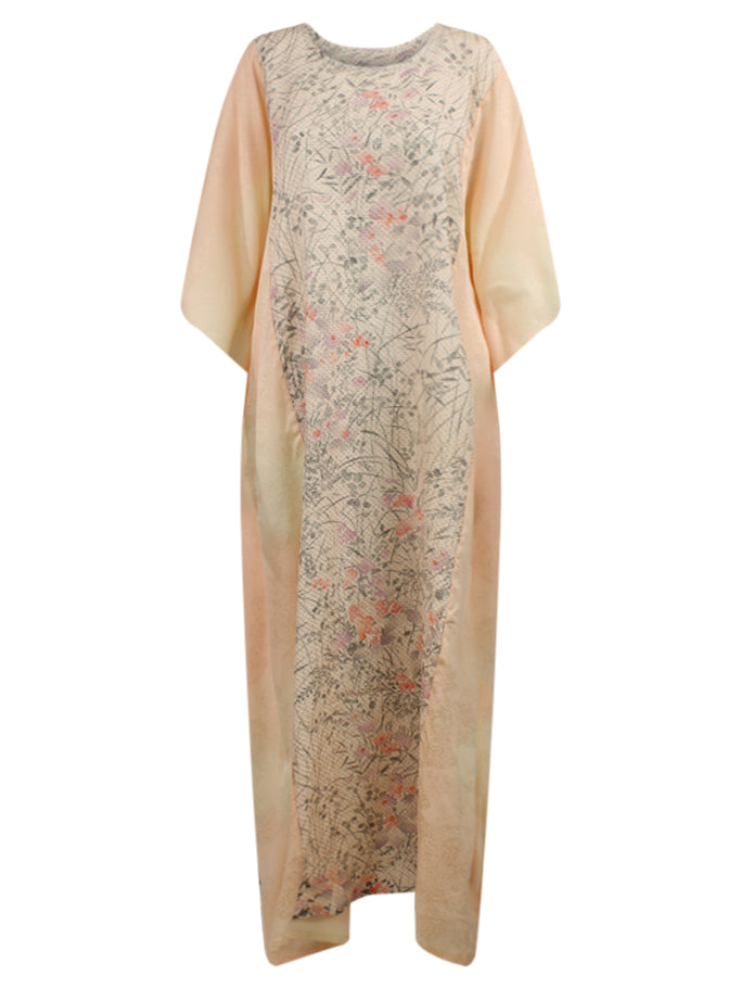 Pink caftan dress with hand painted flowers on shibori silk