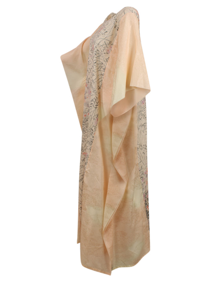 Pink caftan dress with hand painted flowers on shibori silk