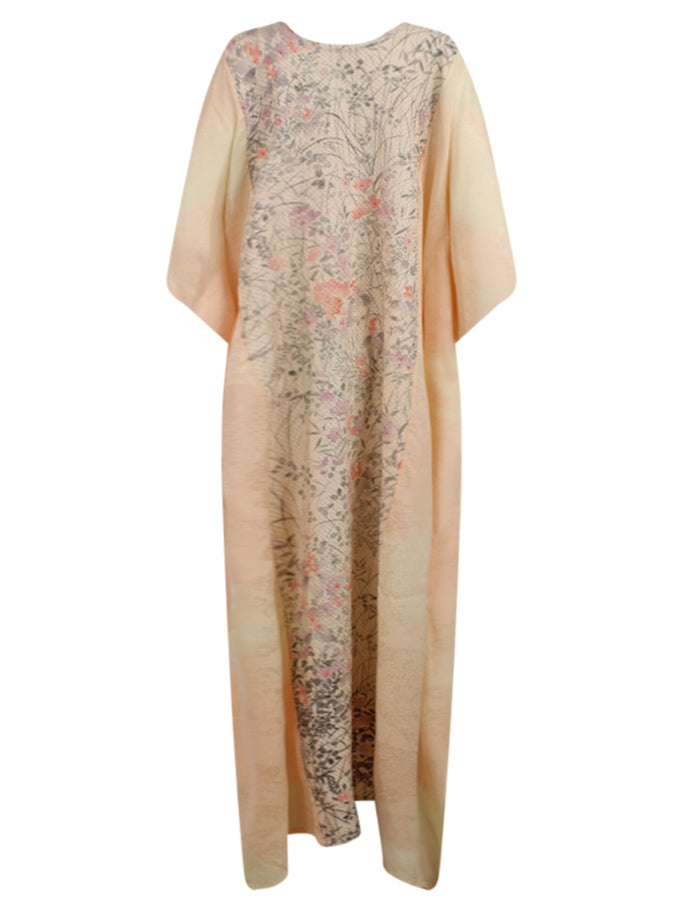 Pink caftan dress with hand painted flowers on shibori silk