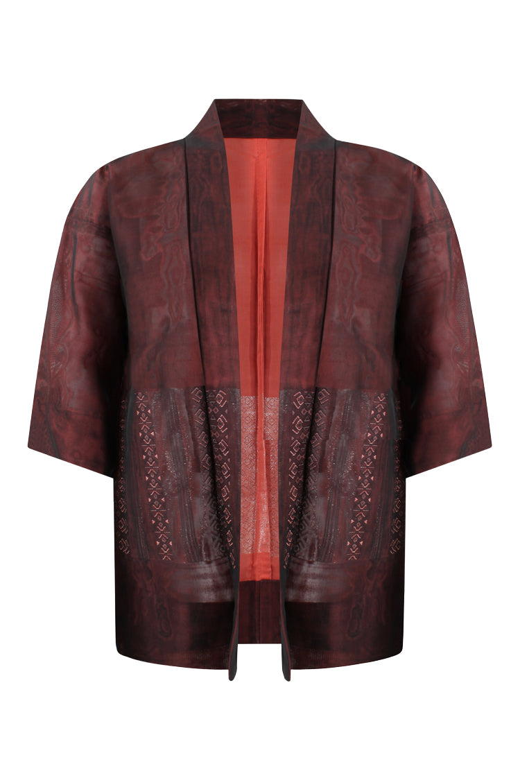 brown silk kimono jacket showing orange inside with refashioned sleeves