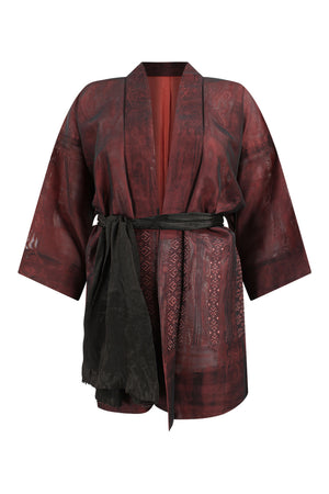 brown silk vintage kimono jacket with black sash and refashioned sleeves