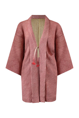 front view of pink upcycled kimono jacket with front tie