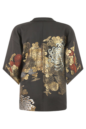 black kimono jacket with woven gold, silver and bronze threads