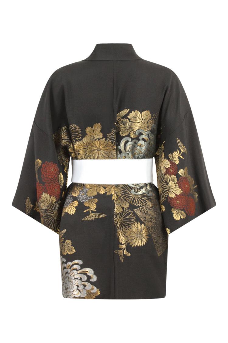black kimono jacket with woven gold, silver and bronze threads