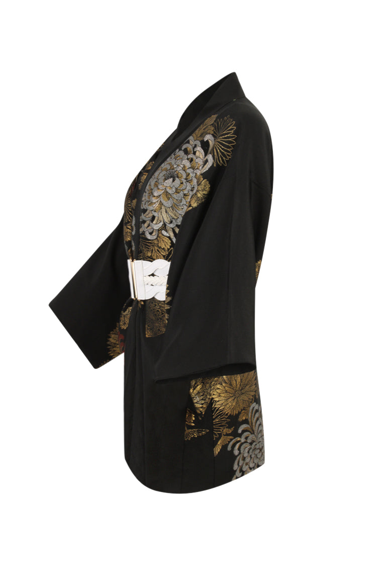side view of vintage silk kimono coat with refashioned sleeves