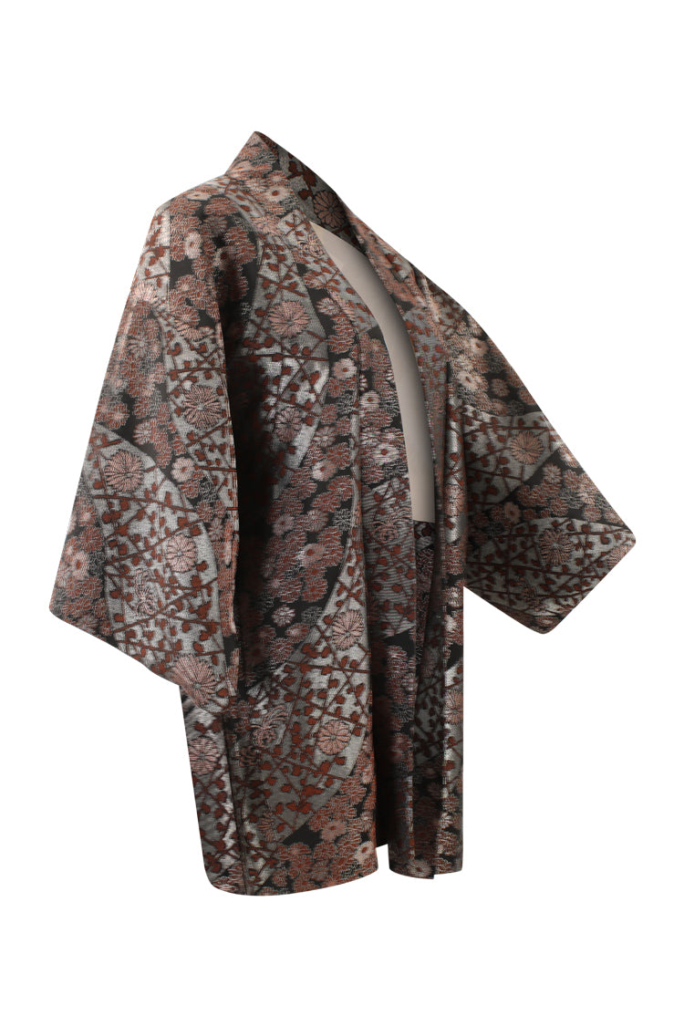 Black silk vintage kimono jacket with metallic threads - Kiku 