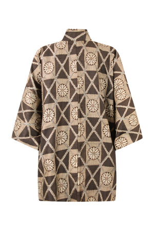 rear view of brown silk kimono jacket with abstract design