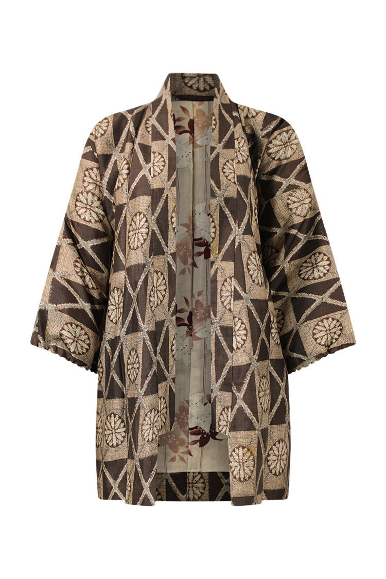 ikat weave brown silk kimono jacket with front ties 