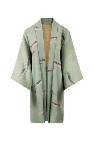 upcycled vintage silk kimono jacket in mint green with purple dashes