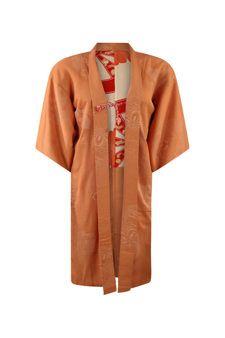 upcycled silk kimono jacket with woven ornamental balls