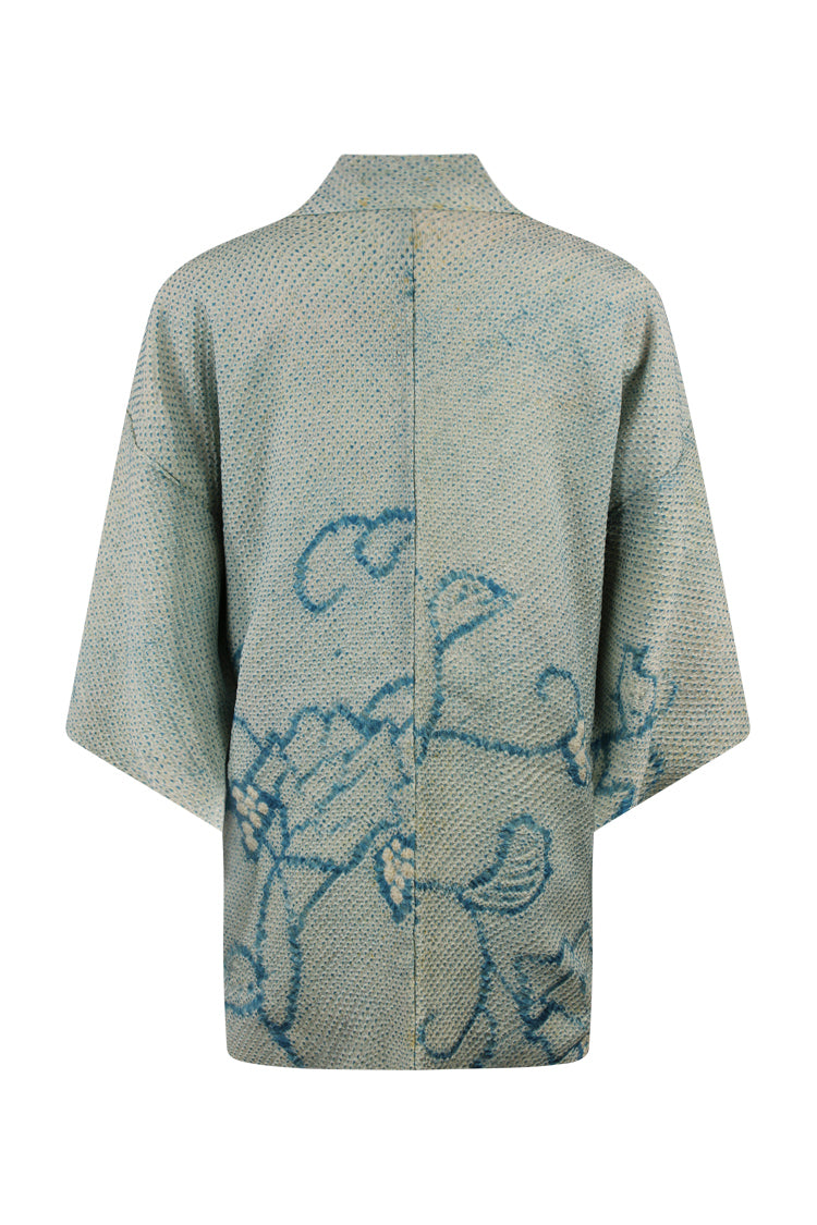 blue upcycled kimono jacket with three dimensional shibori design