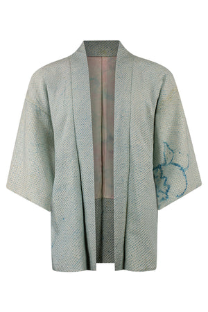 front view of powder blue upcycled kimono jacket with shortened sleeves