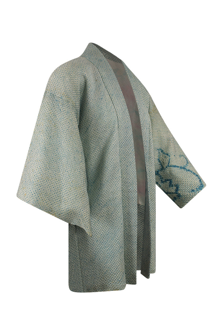 powder blue refashioned kimono jacket with simple shibori design