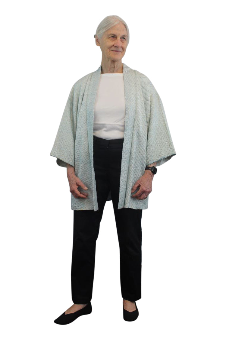 refashioned blue kimono jacket on small woman