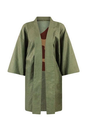 green silk vintage kimono jacket reversible with shibori lining