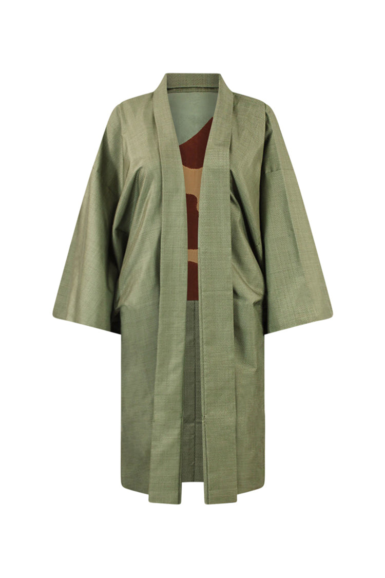 green silk Japanese kimono jacket on small model