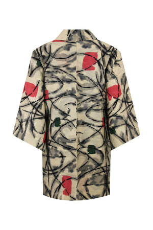 meisen silk kimono jacket with abstract patches of red