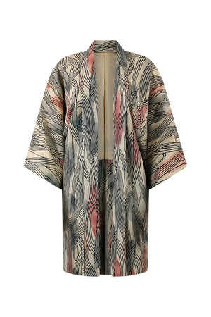 Refashioned silk kimono jacket with pink, blue and black abstract design