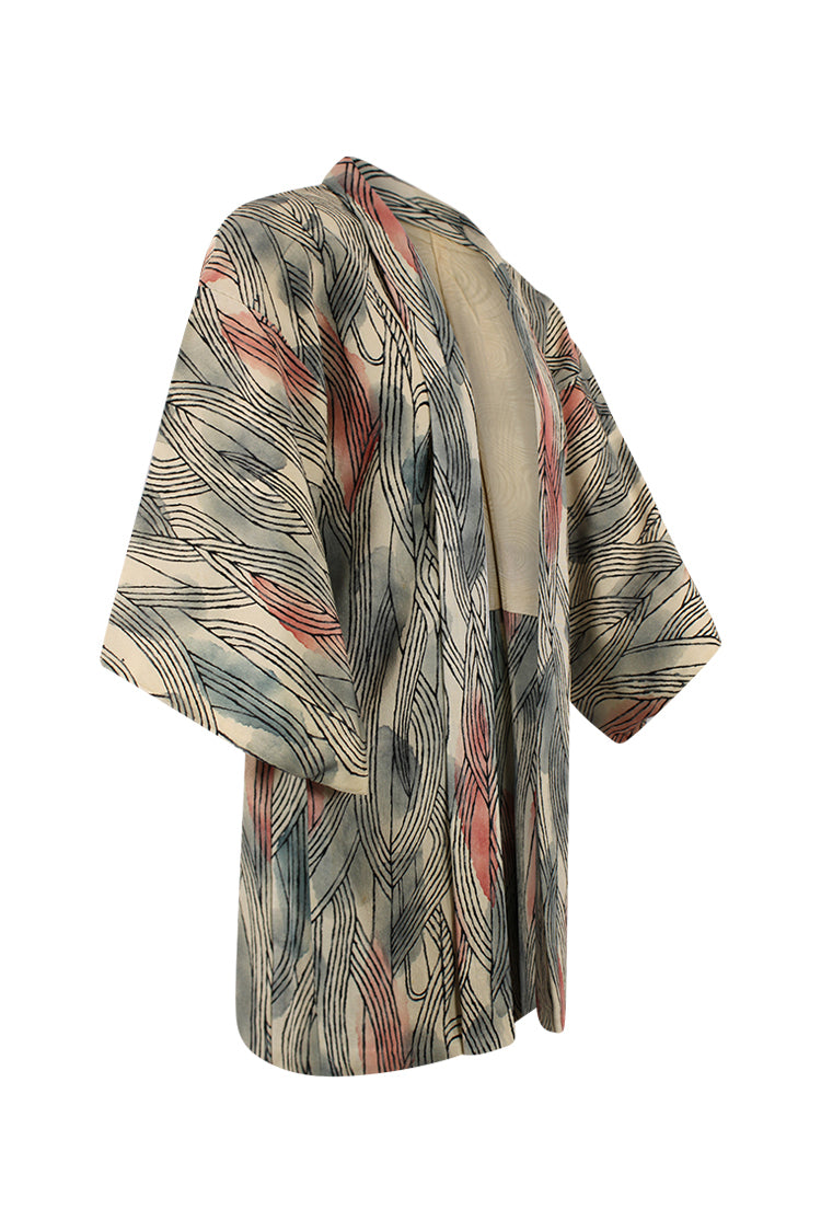 side view of cream silk kimono jacket with refashioned reduced sleeves