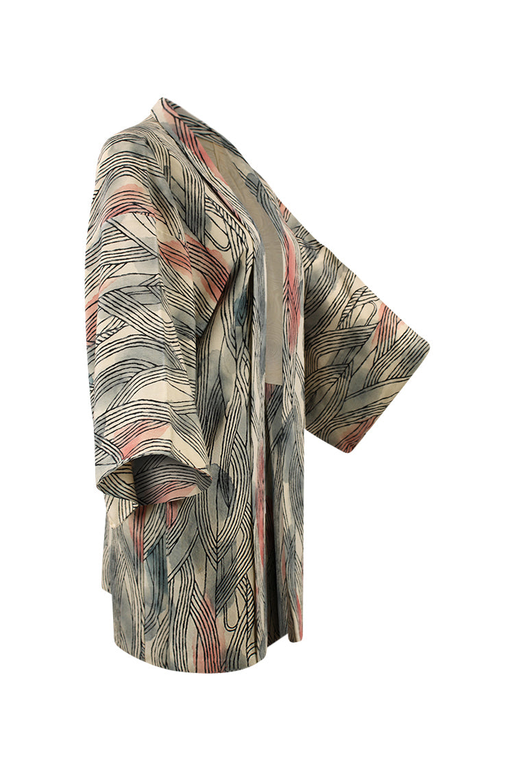 Upcycled cream silk kimono jacket with refashioned sleeves