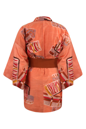upcycled sustainable fashion vintage silk tangerine kimono jacket remodeled with modern sleeves