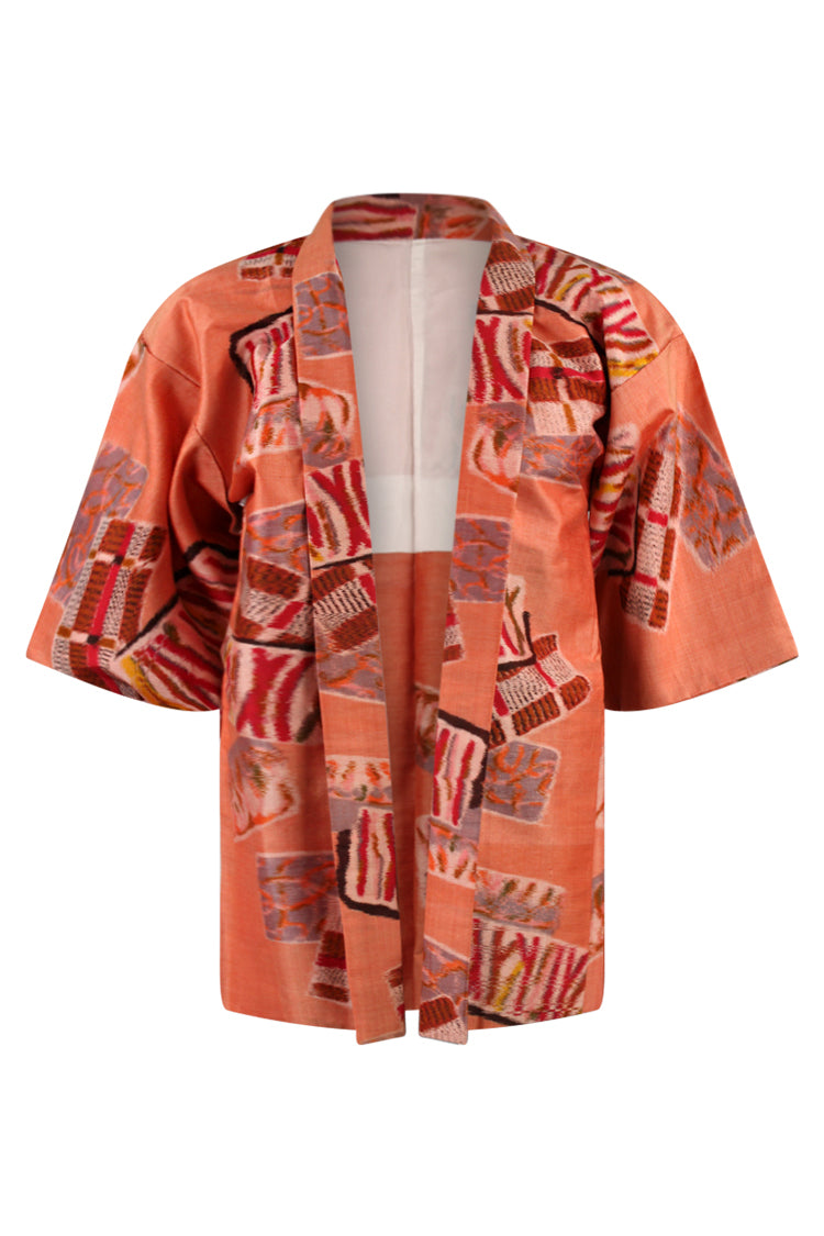 refashioned silk vintage kimono coat in tangerine abstract design with modern sleeves